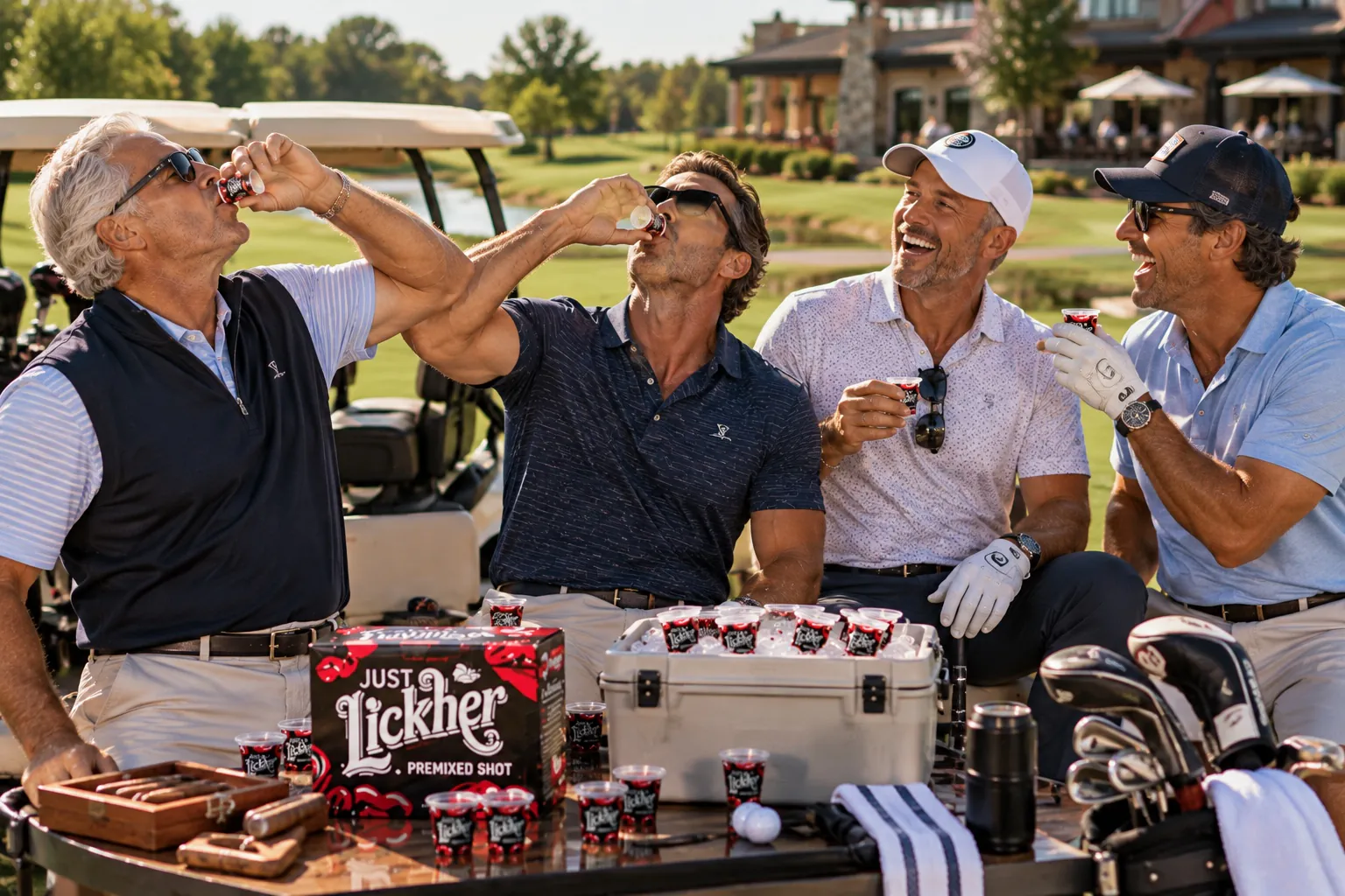 Golf buddies taking Just Lickher shots by the cart