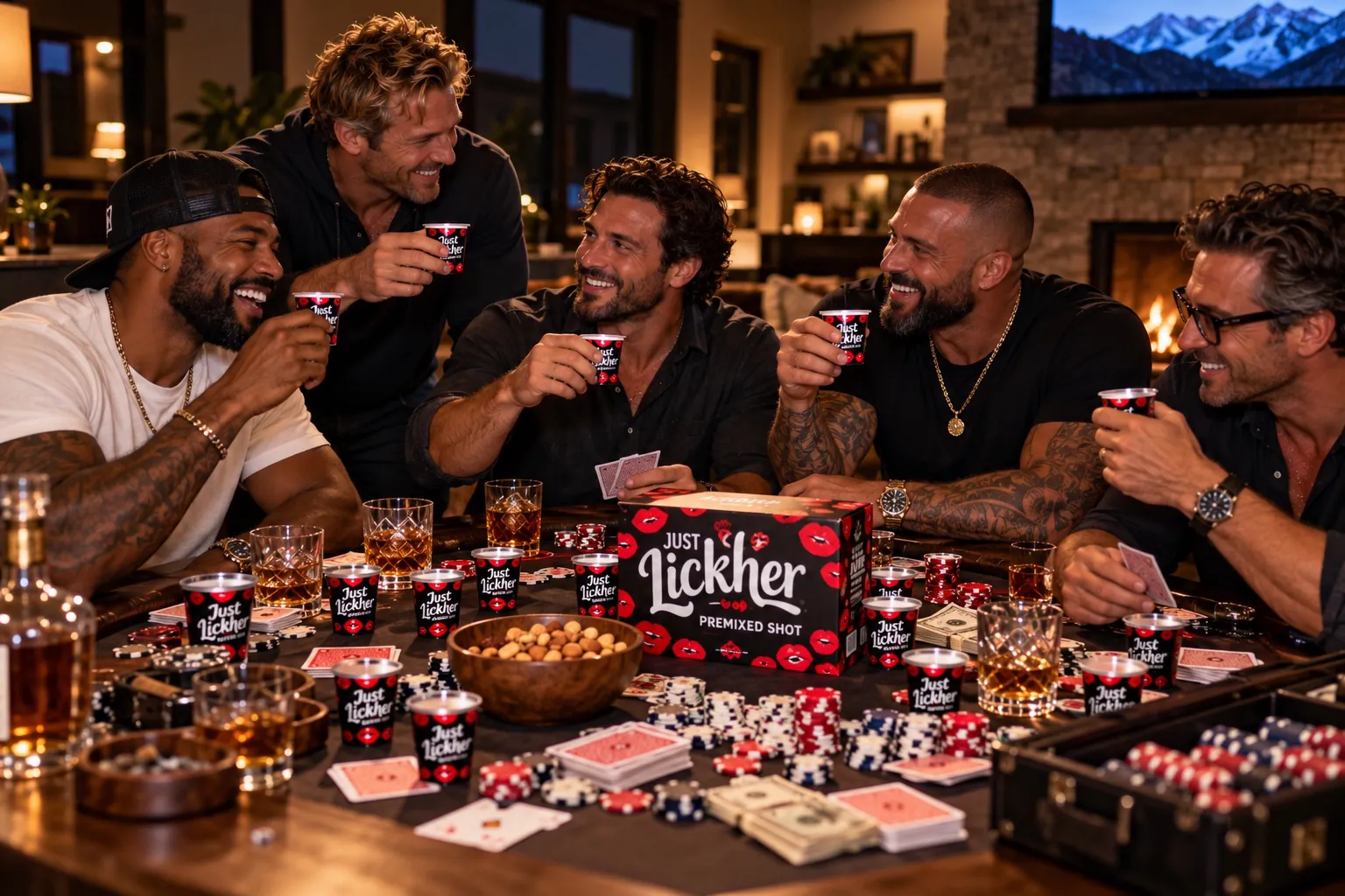 Poker night with Just Lickher shots on the table