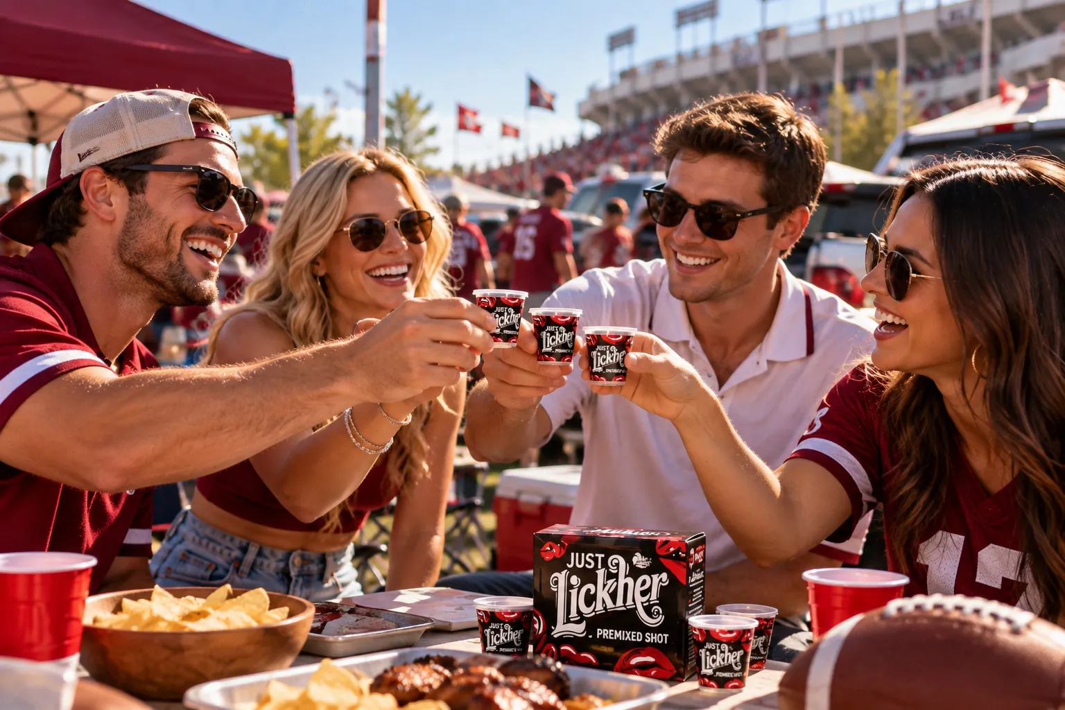 Friends toasting Just Lickher shots at a tailgate